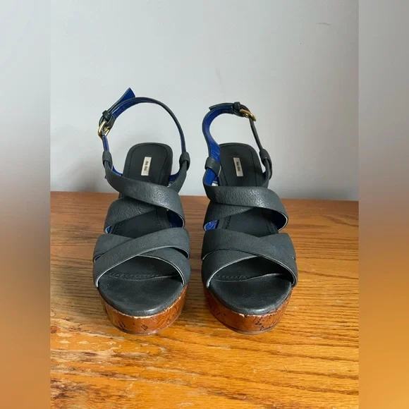 Miu Miu Navy Leather Cork Wedges Womens Size EU 39.5 - Picture 4 of 6
